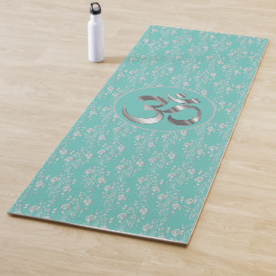 Silberne Blume auf Türkis OM Yoga Mat Yogamatte