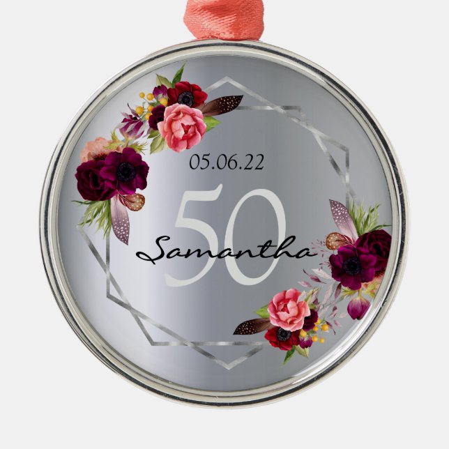 Silberne Blume, geometrisch bordeauxrot Ornament Aus Metall (Vorne)