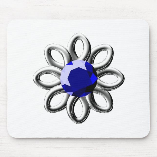 Silberne Blume mit blauem Stein Mousepad (Vorne)