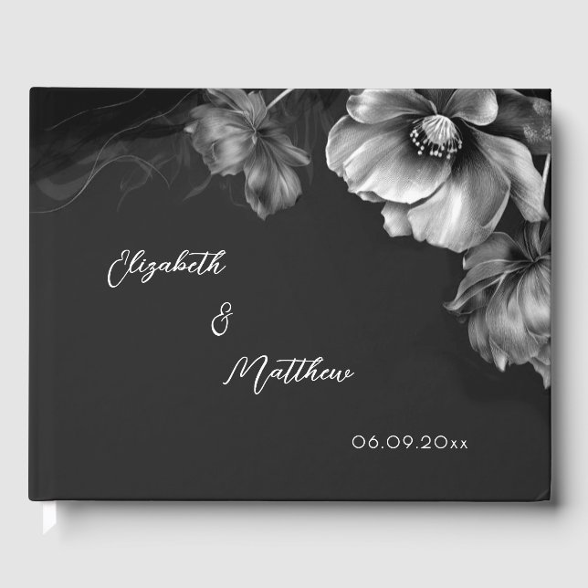 Silberne Blume Schwarz | Hochzeit Gästebuch (Vorderseite)