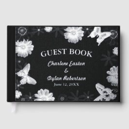 Silberne Blume und Butterfliegen Schwarze Hochzeit Gästebuch