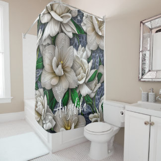 Silberne Blume und Glitzer mit Personalisiertem Na Duschvorhang