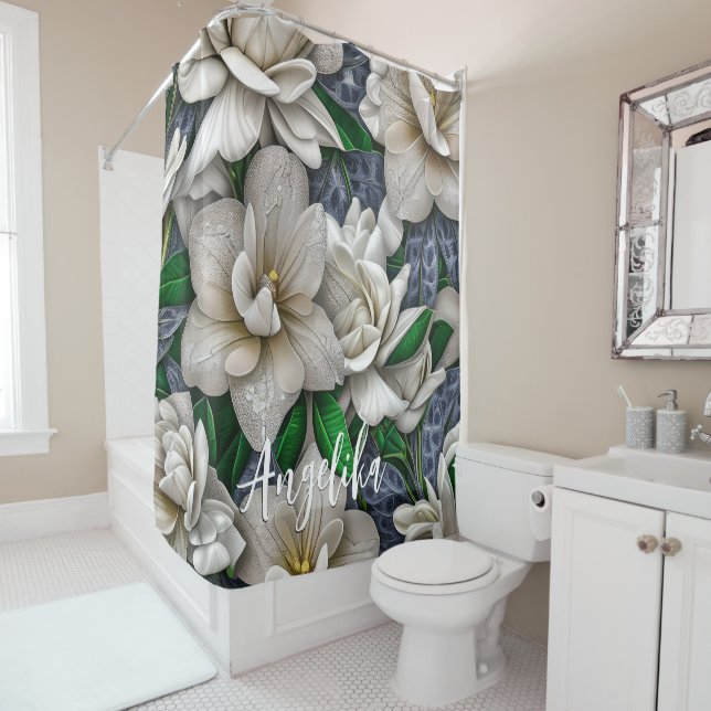 Silberne Blume und Glitzer mit Personalisiertem Na Duschvorhang (Beispiel)