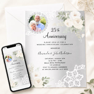 Silberne Blumen Foto 25. Hochzeitstag Einladung