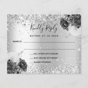 Silberne Blumen Glitter Budget-Hochzeit RSVP Flyer