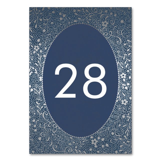 Silberne Blumen Navy Elegante Hochzeit Tischnummer (Vorderseite)