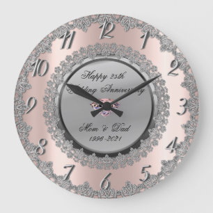 Silberne Blumen Roségoldene 25. Hochzeitstag Große Wanduhr