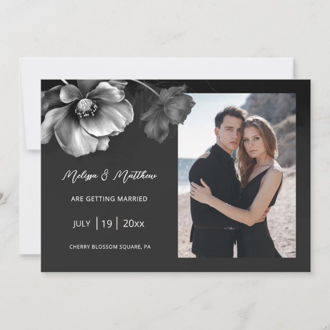 Silberne Blumen Schwarze Hochzeit Save The Date (Vorderseite)
