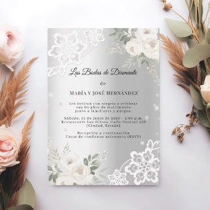 Silberne Blumeneinladung zur Diamantenen Hochzeit Einladung