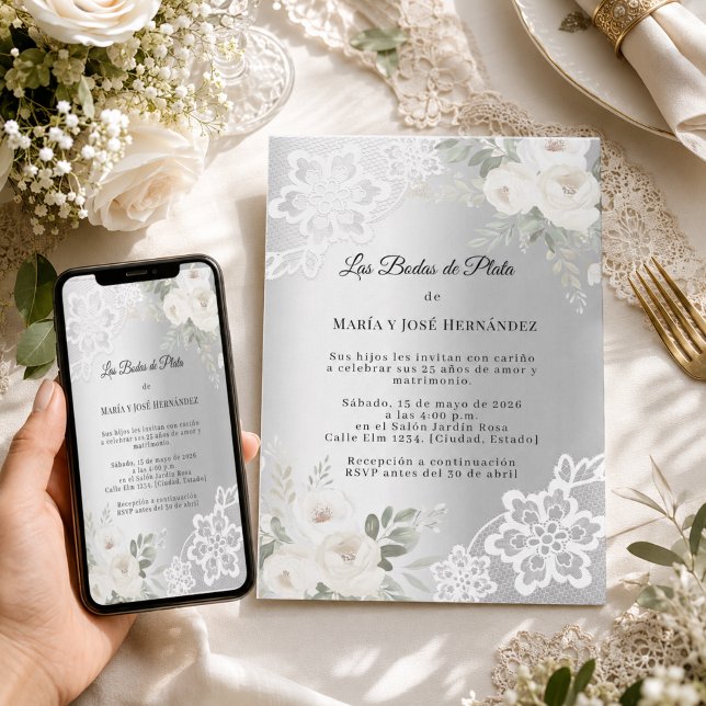Silberne Blumenelemente Silberhochzeit Einladung (Von Creator hochgeladen)