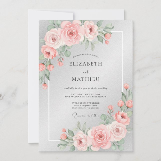 Silberne Blush-Petal-Hochzeit Einladung (Vorderseite)