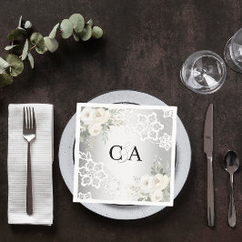 Silberne Blüten, Monogramm Hochzeit Serviette