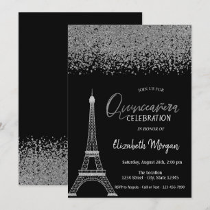 Silberne Diamanten, Schwarzer Eiffelturm Quinceañe Einladung