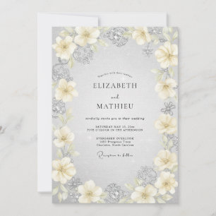 Silberne Elfenbein-Ranunculus-Eukalyptus-Hochzeit Einladung