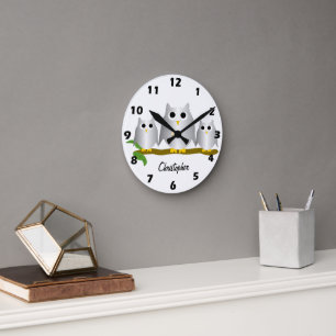 Silberne Eulen Design Personalisiert Runde Wanduhr