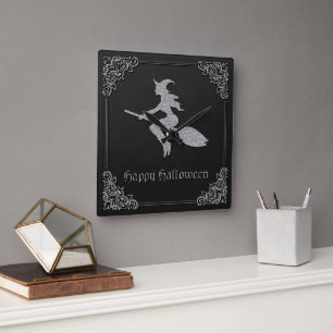 Silberne fliegende Hexe Halloween Quadratische Wanduhr