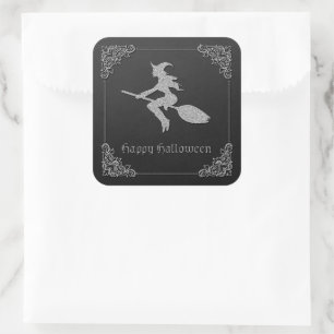 Silberne Fliegende Hexe Halloween Quadratischer Aufkleber