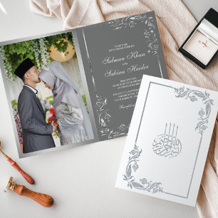 Silberne Florale Graue Foto Muslimische Hochzeit Folienkarte