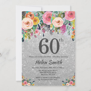 Silberne Glitter-Blumen-Einladung zum 60. Geburtst Einladung