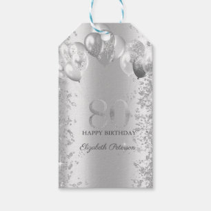 Silberne Glitter-Konfetti-Balloons 80. Geburtstag Geschenkanhänger