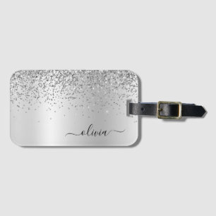 Silberne Glitter-Metall-Monogramm Glam Name Gepäckanhänger