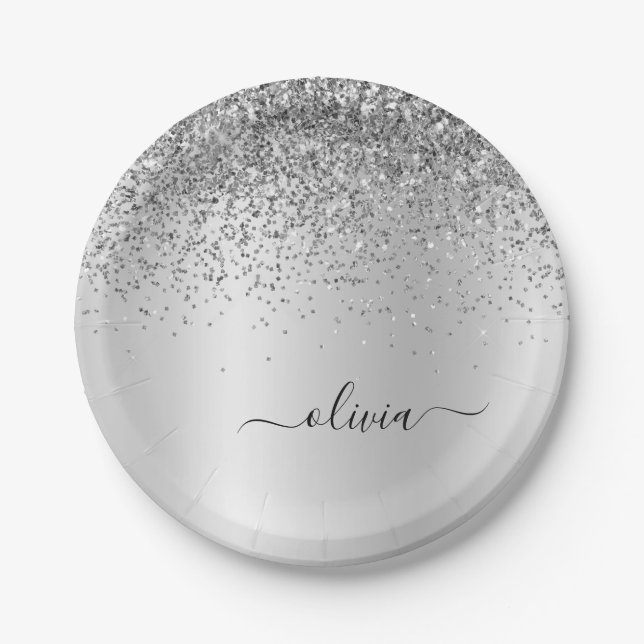 Silberne Glitter-Metall-Monogramm Glam-Name Pappteller (Vorderseite)