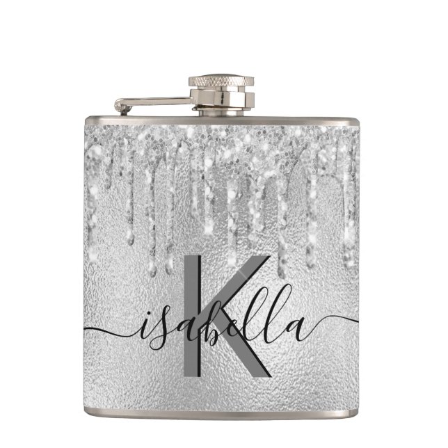 Silberne Glitter-Monogramm-Schrift Flachmann (Vorderseite)