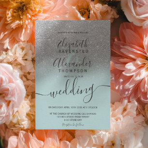 Silberne Glitter-Ombre-Sage-Grün-Script-Hochzeit Einladung