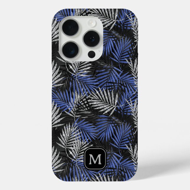 Silberne Glitter-Palme Blau Modernes Monogramm Case-Mate iPhone Hülle (Rückseite)
