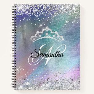 Silberne Glitter-Tiara Farbige Folie Fancy Monogra Notizbuch