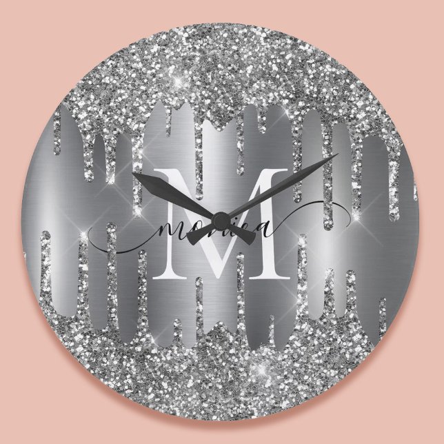 Silberne Glitter-Tropfen-Monogramm personalisierte Große Wanduhr (Silver Glitter Drips Monogram Personalized Large Clock)