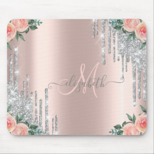 Silberne Glitter-Tropfen Roségold Blumen Monogramm Mousepad