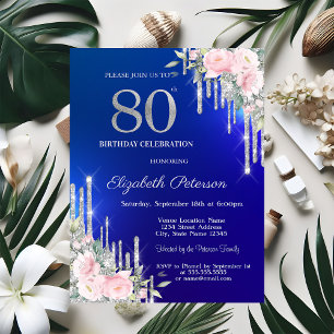 Silberne Glitter-Tropfen Rosen 80. Blau Geburtstag Einladung