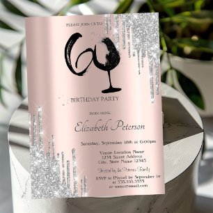 Silberne Glitter-Tropfen Weinglas Roségold 60. Einladung
