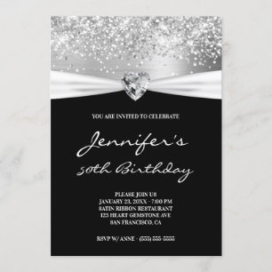 Silberne Glitterfolie Edelstein Herz 50. Geburtsta Einladung