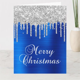 Silberne Glittertropfen Blaue Metallic Frohe Weihn Karte