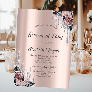 Silberne Glittertropfen, Blumen Roségold Ruhestand Einladung