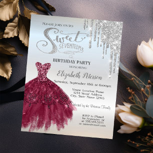 Silberne Glittertropfen,Burgunder Kleid Sweet 17  Einladung