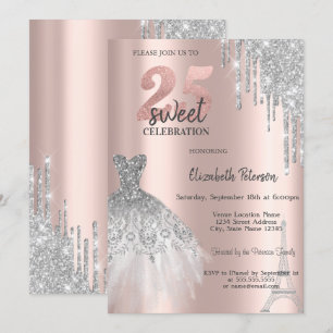 Silberne Glittertropfen, Eiffelturm Kleid Sweet 25 Einladung