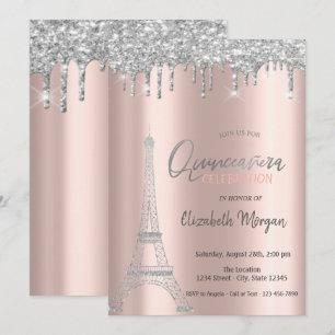 Silberne Glittertropfen, Eiffelturm Quinceanera Einladung