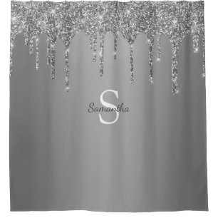 Silberne Glittertropfen funkeln Monogramm Name Duschvorhang
