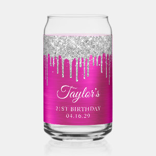 Silberne Glittertropfen Hot Pink 21. Geburtstag Dosenglas