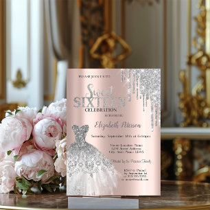 Silberne Glittertropfen, Kleid Roségold Sweet 16 Einladung