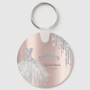 Silberne Glittertropfen, Kleid Roségold Sweet 16 Schlüsselanhänger