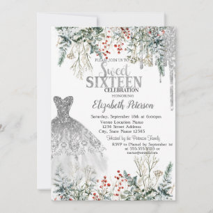 Silberne Glittertropfen, Kleid Winterblumen Sweet Einladung