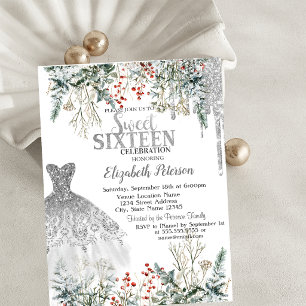 Silberne Glittertropfen, Kleid Winterblumen Sweet Einladung