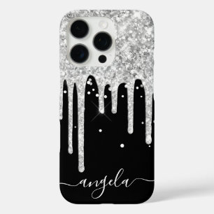 Silberne Glittertropfen Schwarze Glam-Unterschrift iPhone 16 Pro Hülle