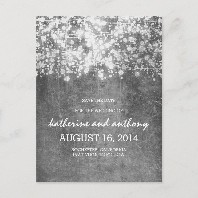 silberne Glitz-Saitenlampen Save the Date Vintag Ankündigungspostkarte (Vorderseite)