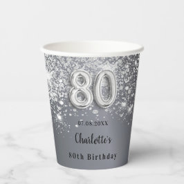 Silberne Glitzer Monogrammname zum 80. Geburtstag Pappbecher