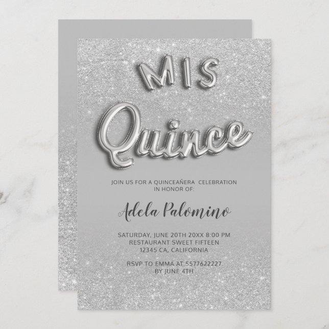 Silberne Glitzer Omelone Grau Quinceañera Einladung (Vorne/Hinten)